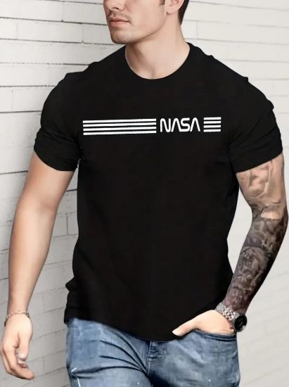 Erkek Kısa Kollu NASA Baskı Bisiklet Yaka T-shirt resmi